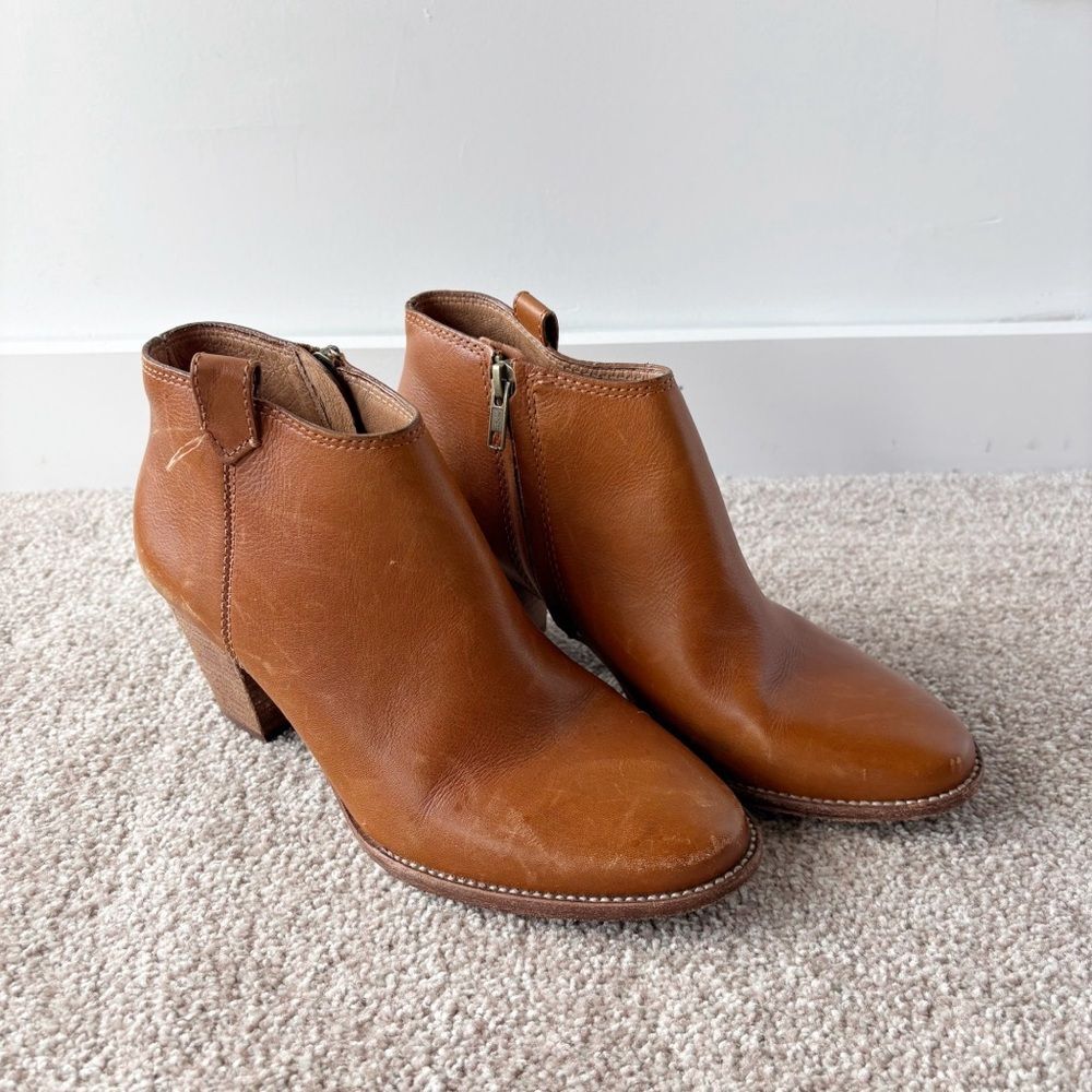 Madewell Billie Cognac Leather Ankle Boots Side Zip Stacked Block Heel 8.5